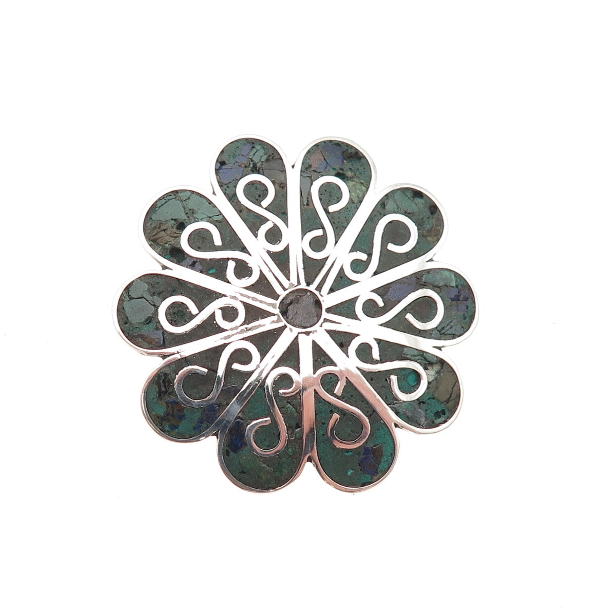 925 Sterling Silver Vintage Mexico Real Azurite Inlay Floral Pin Brooch