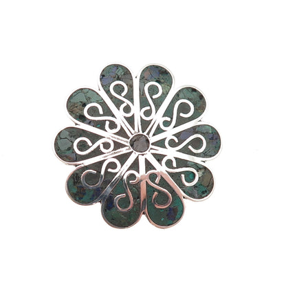 925 Sterling Silver Vintage Mexico Real Azurite Inlay Floral Pin Brooch