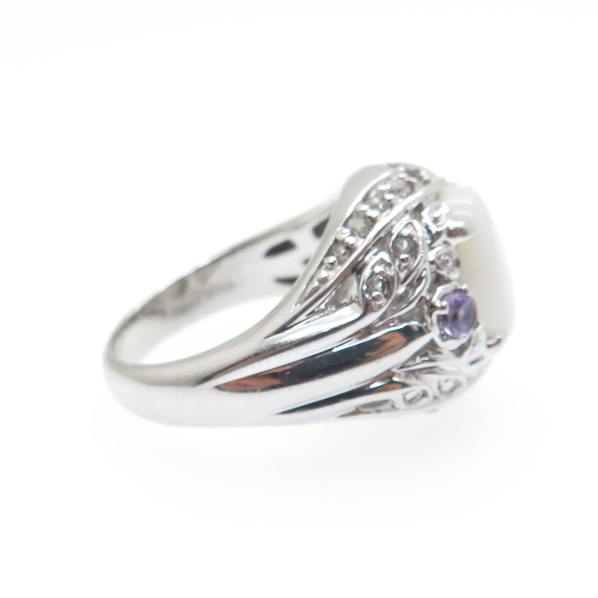 925 Sterling Silver Real Opal Amethyst & White Topaz Floral Ring Size 6.25