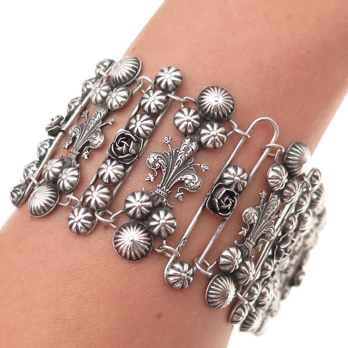 800 Silver Antique Art Deco Italy Fleur de Lis Bracelet 7.25" (missing parts)