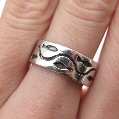 925 Sterling Silver Vintage Fish Oxidized Band Ring Size 7.75