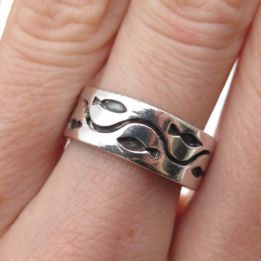 925 Sterling Silver Vintage Fish Oxidized Band Ring Size 7.75