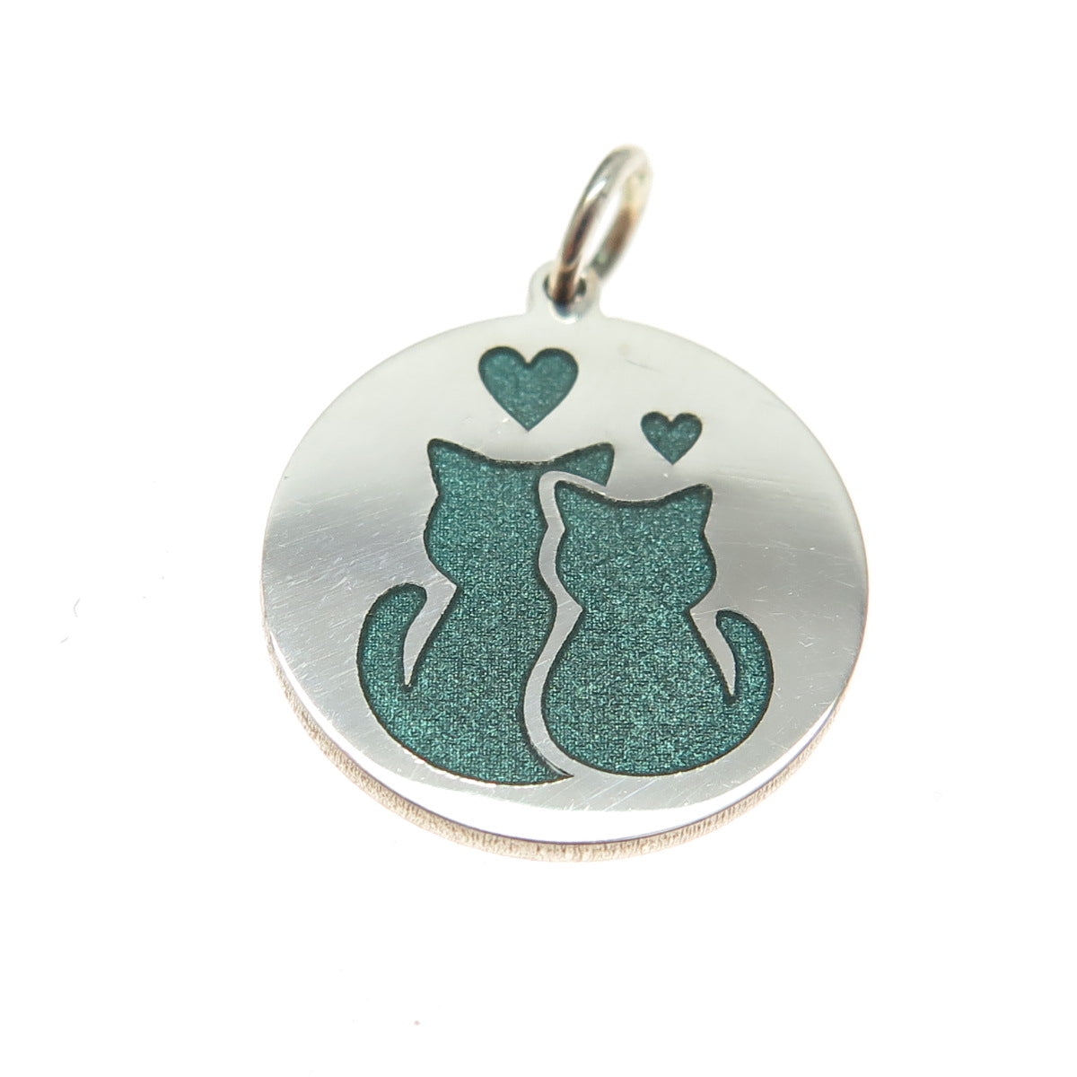 925 Sterling Silver Green Enamel Cat Couple Minimalist Round Tag Charm Pendant