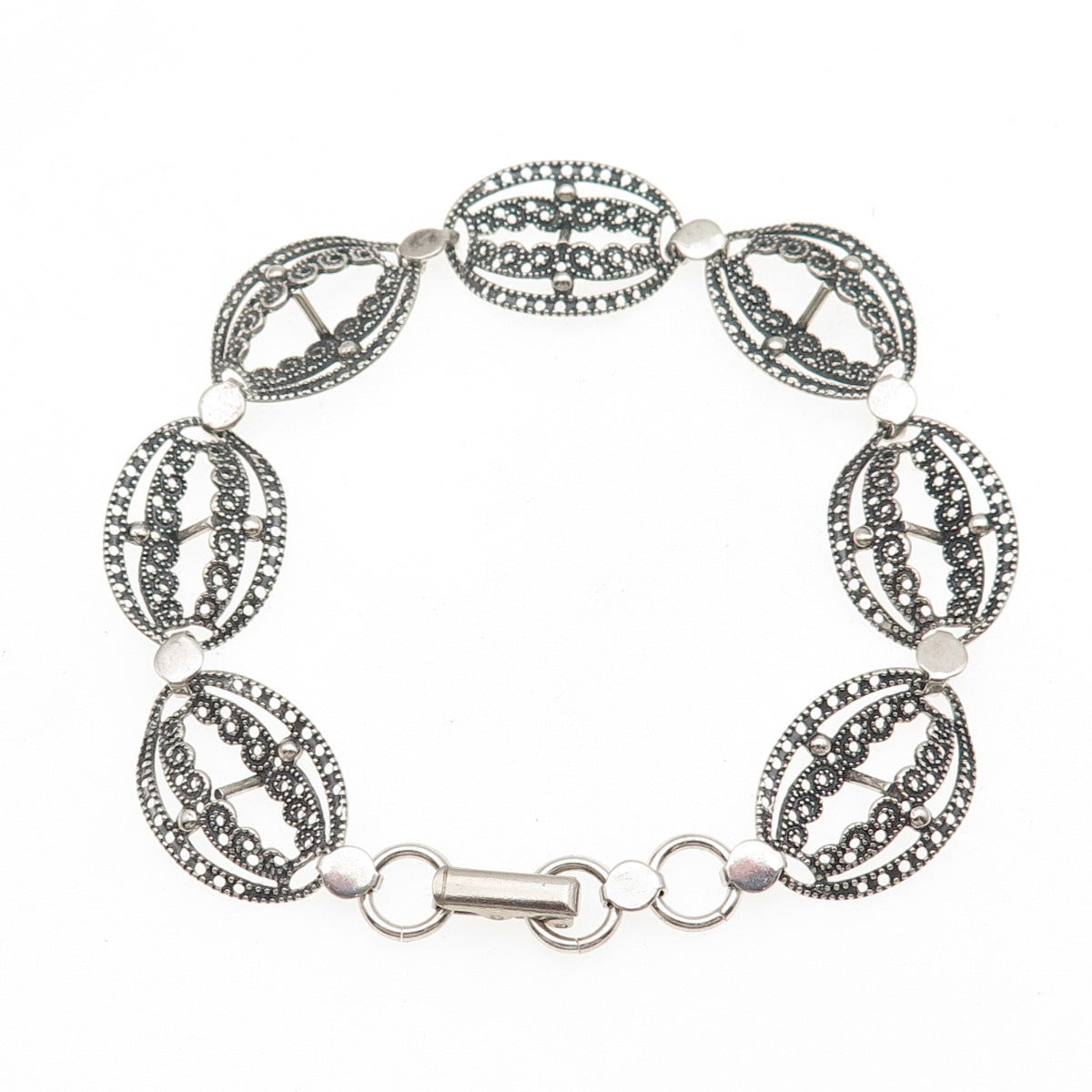 BEAU Sterling Silver Antique Art Deco Petal Filigree Oxidized Link Bracelet 7"