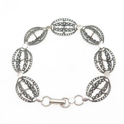 BEAU Sterling Silver Antique Art Deco Petal Filigree Oxidized Link Bracelet 7"