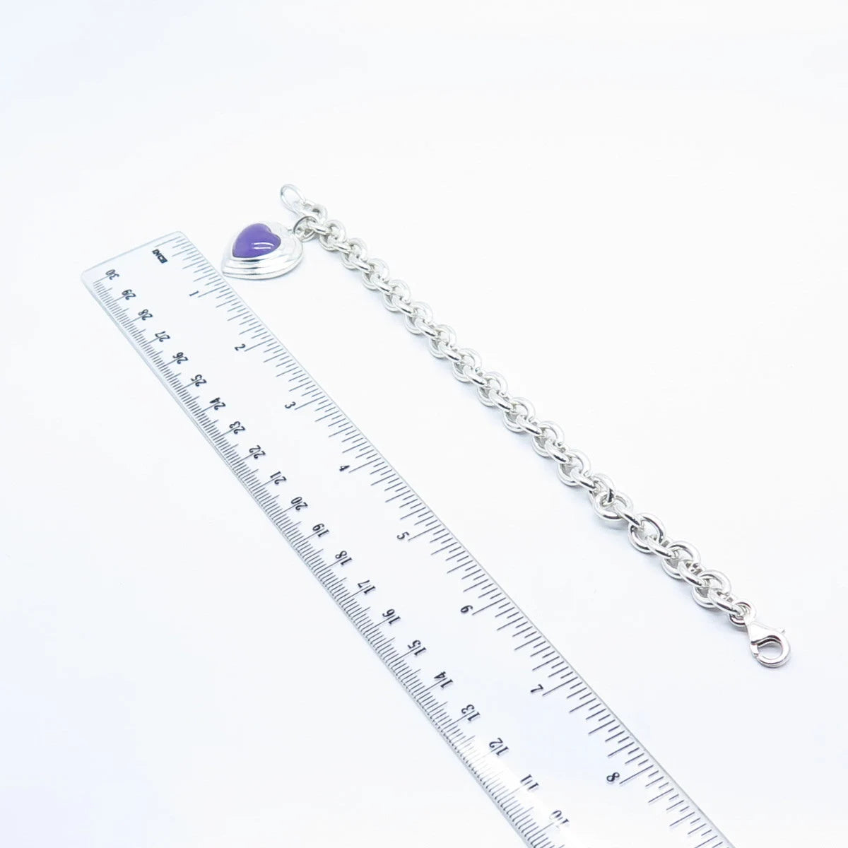 925 Sterling Silver Vintage Lilac Chalcedony Gem Heart Rolo Link Bracelet 7"