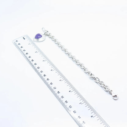 925 Sterling Silver Vintage Lilac Chalcedony Gem Heart Rolo Link Bracelet 7"