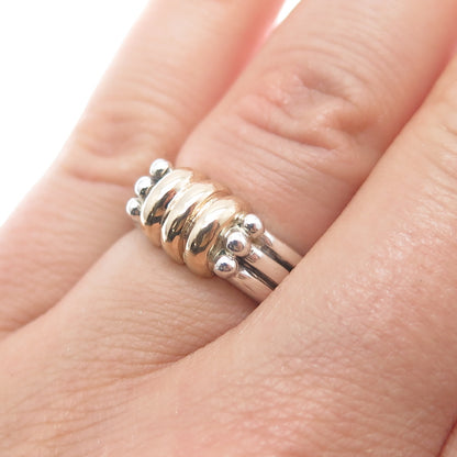 14K Gold 925 Sterling Silver Vintage Modernist Ribbed Oxidized Ring Size 5.75