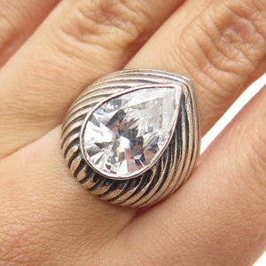 925 Sterling Silver Vintage Pear-Cut C Z Modernist Ribbed Oxidized Ring Size 7.5