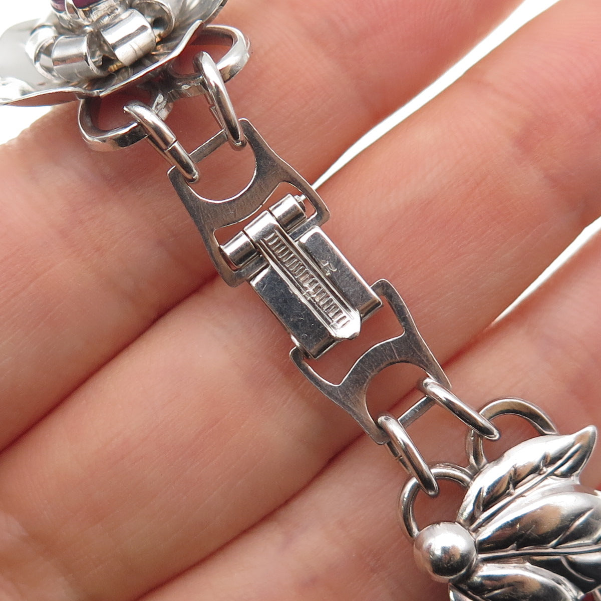 925 Sterling Silver Antique Art Deco Real Oval-Cut Tourmaline Flower Bracelet 7"