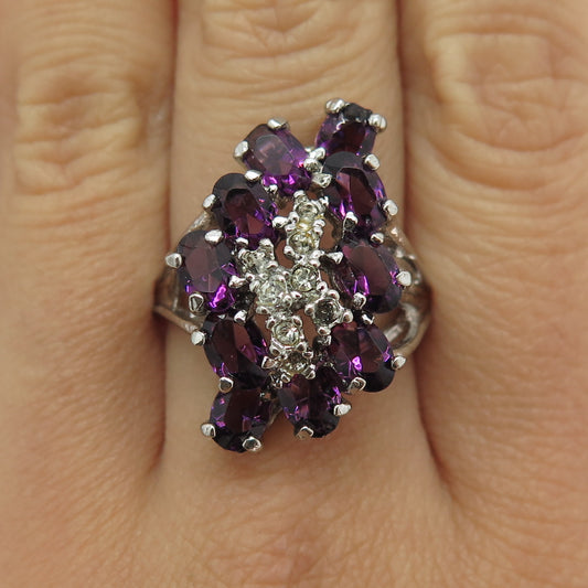 925 Sterling Vintage Amethyst & Rhinestone Ring Size 9.25 (missing 5 stones)