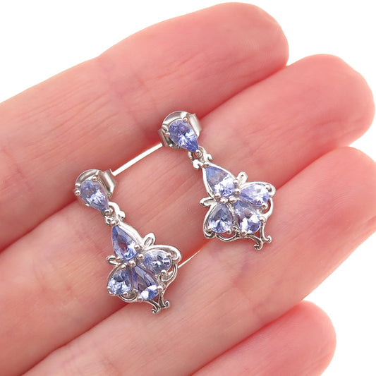 D'Joy 925 Sterling Silver Real Tanzanite Floral Dangle Earrings
