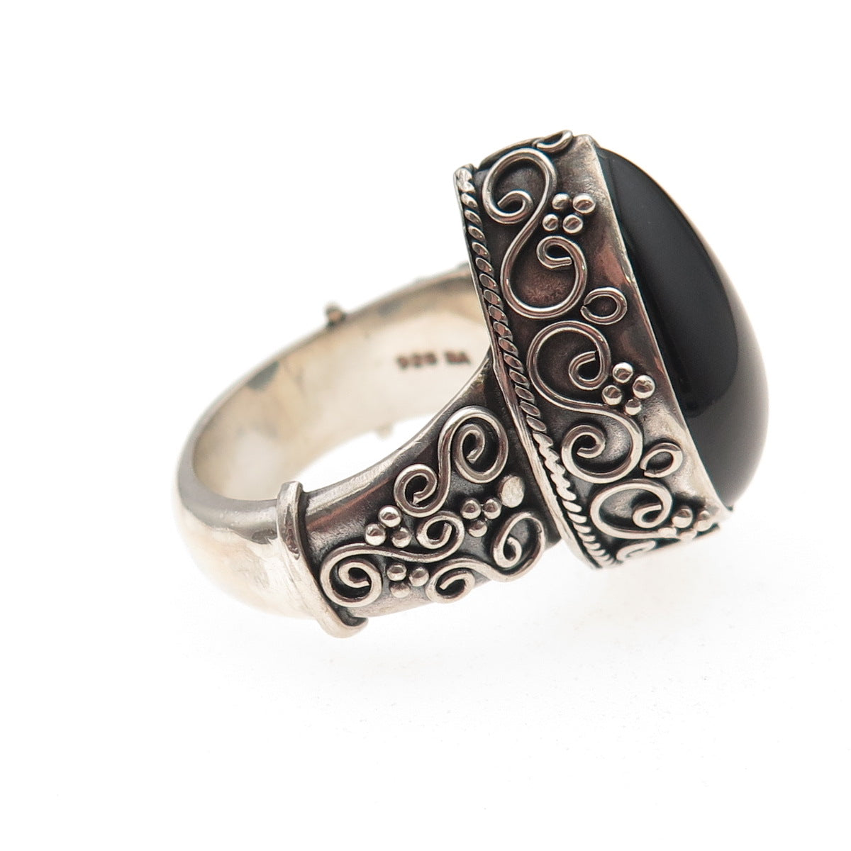 Suarti Bali 925 Sterling Silver Vintage Real Black Onyx Swirl Ring Size 7.25
