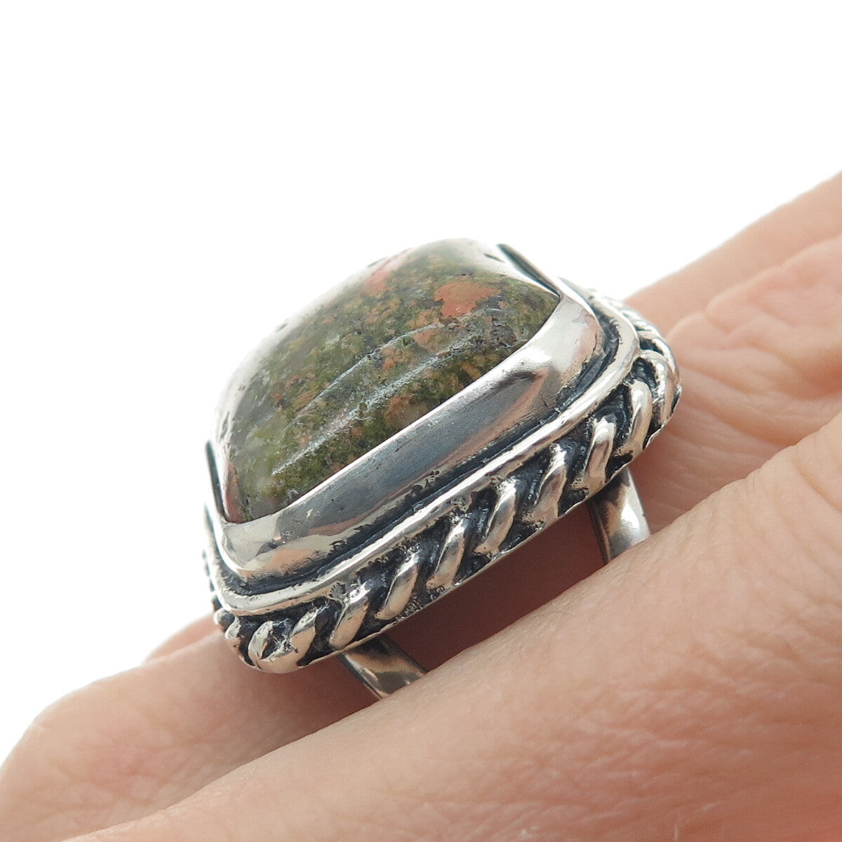 925 Sterling Silver Vintage Real Cushion-Cut Unakite Twisted Bezel Ring Size 8