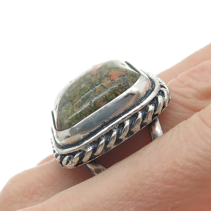 925 Sterling Silver Vintage Real Cushion-Cut Unakite Twisted Bezel Ring Size 8