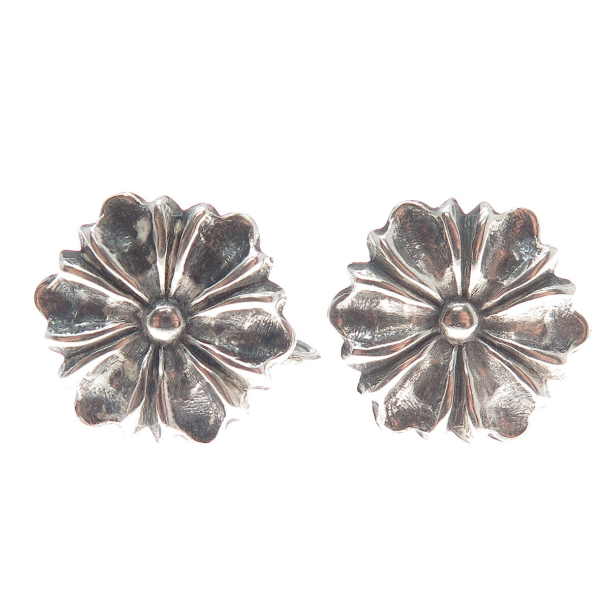 925 Sterling Silver Antique Daisy Flower Screw Back Oxidized Earrings