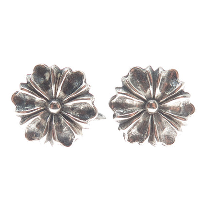 925 Sterling Silver Antique Daisy Flower Screw Back Oxidized Earrings