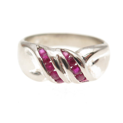 925 Sterling Silver Vintage Real Round-Cut Ruby Modernist Ring Size 7.25