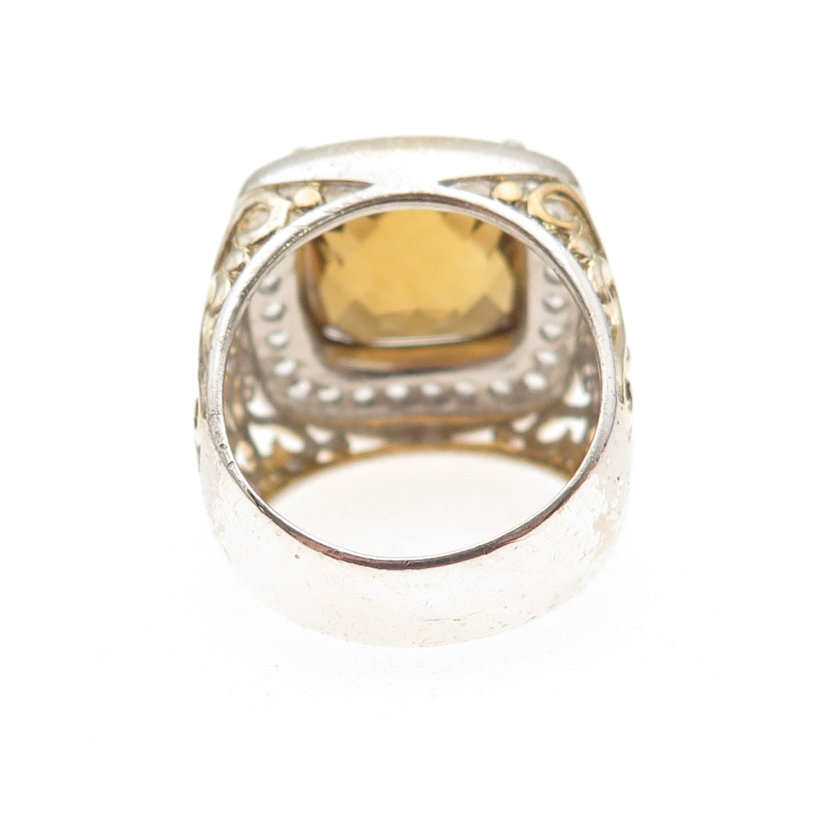 925 Sterling Silver 2-Tone Vintage Real Citrine & White Topaz Ring Size 7.25