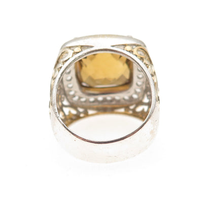 925 Sterling Silver 2-Tone Vintage Real Citrine & White Topaz Ring Size 7.25