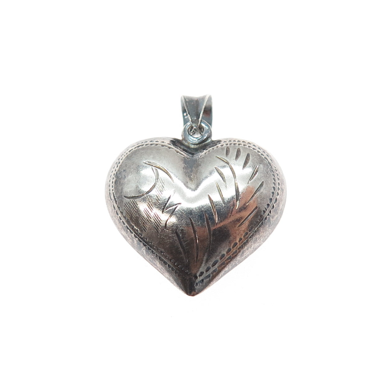 925 Sterling Silver Vintage Engraved Puffy Heart Oxidized Charm Pendant