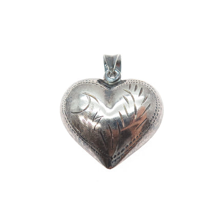 925 Sterling Silver Vintage Engraved Puffy Heart Oxidized Charm Pendant