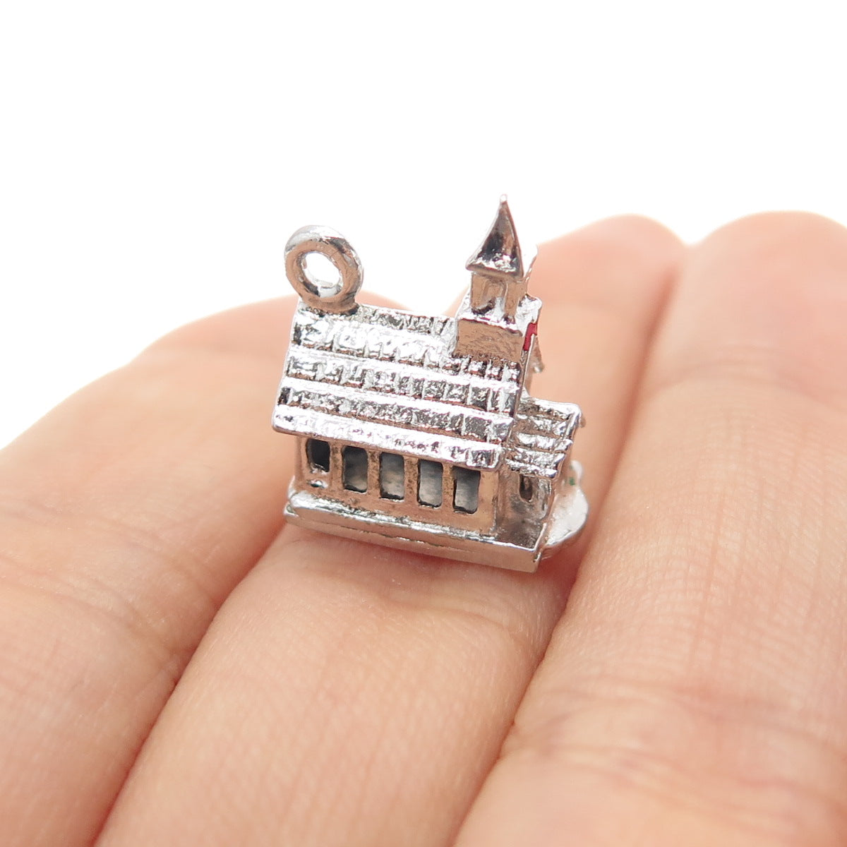 925 Sterling Silver Antique Art Deco Enamel Church Minimalist 3D Charm Pendant