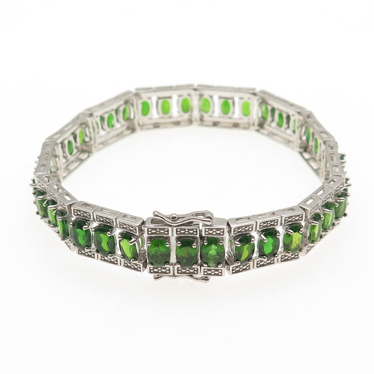 925 Sterling Silver Real Oval-Cut Peridot Panel Link Bracelet 7"