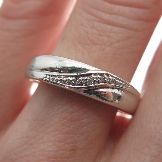 925 Sterling Silver Real White Diamond Accent Wavy Line Ring Size 7.5