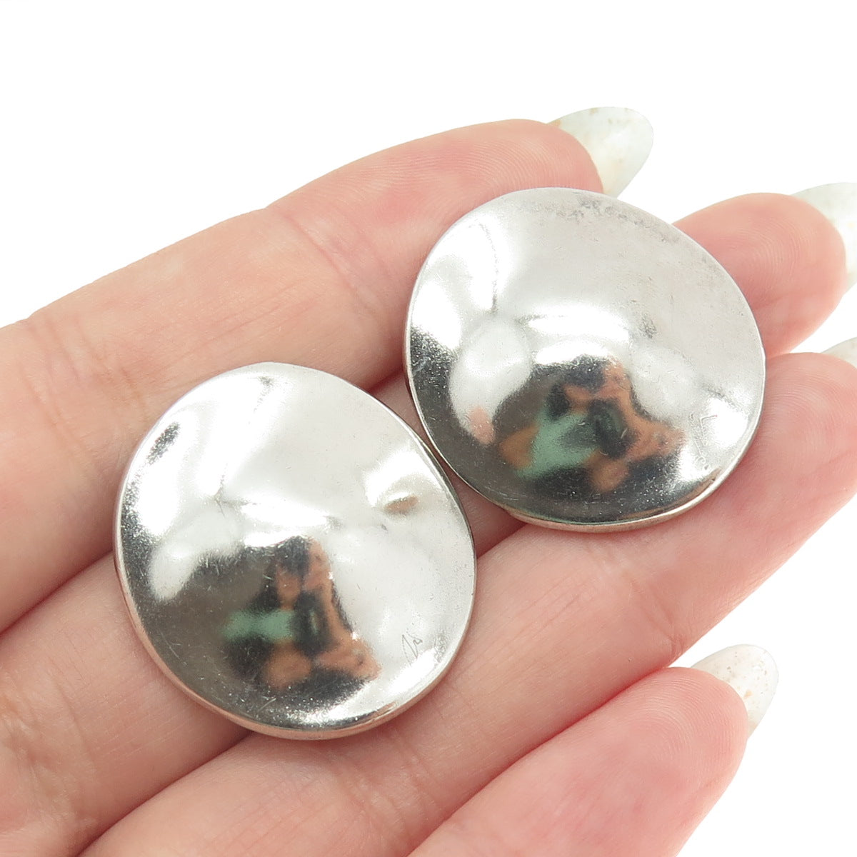 925 Sterling Silver Vintage Modernist Hammered Disc Clip On Earrings