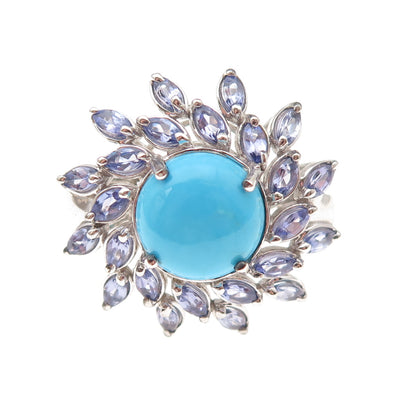 D'Joy 925 Sterling Silver Real Sleeping Beauty Turquoise & Tanzanite Ring Size 8