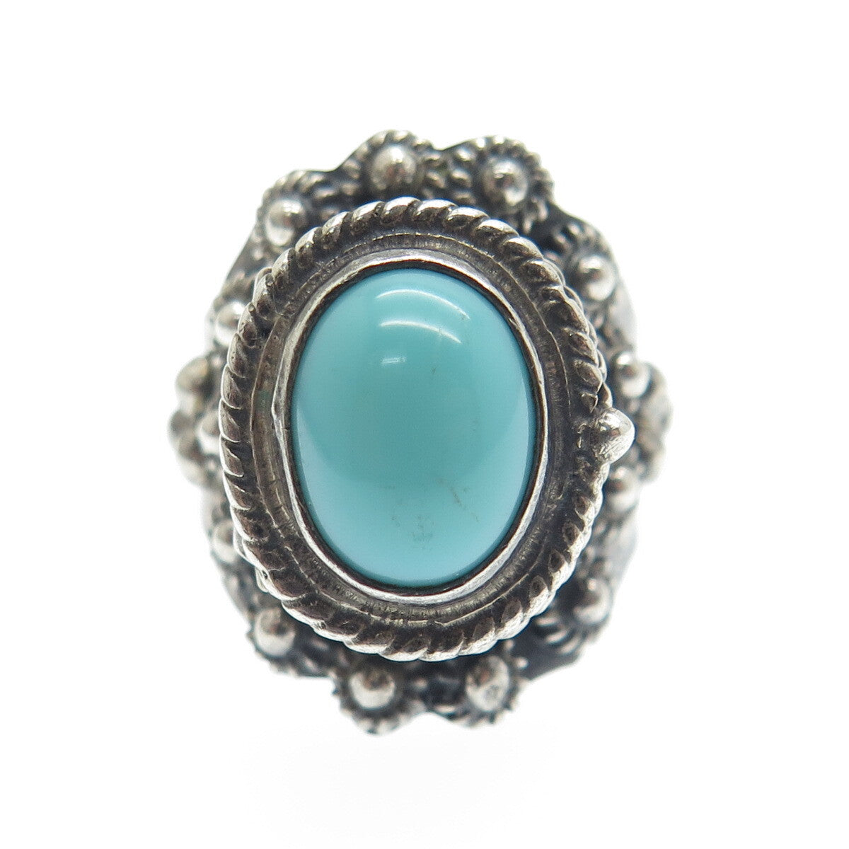925 Sterling Silver Vintage Mexico Turquoise Cannetille Ring Size 6.5