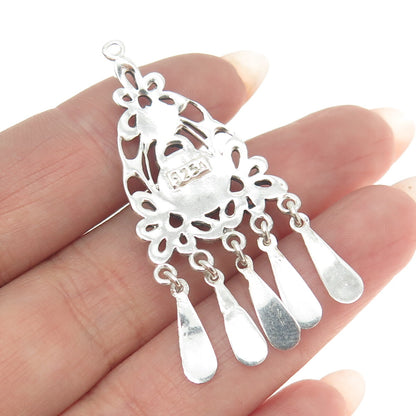 925 Sterling Silver Vintage Real Black Onyx Gemstone Floral Boho Pendant