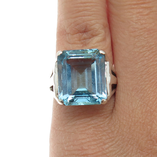 925 Sterling Silver Vintage Real Emerald-Cut Blue Topaz Ring Size 5.5