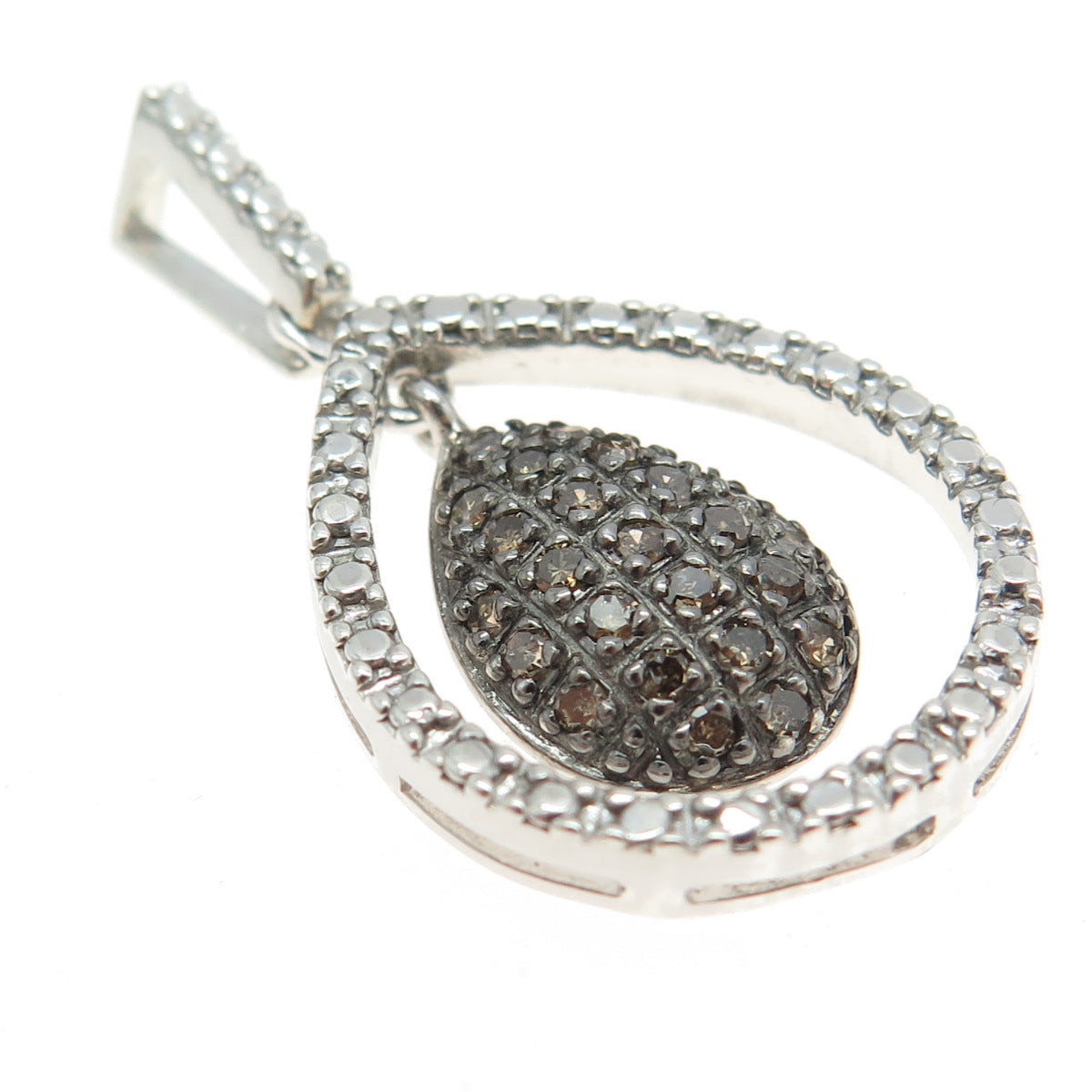 925 Sterling Silver Real Round-Cut Cognac Diamond Teardrop Pendant