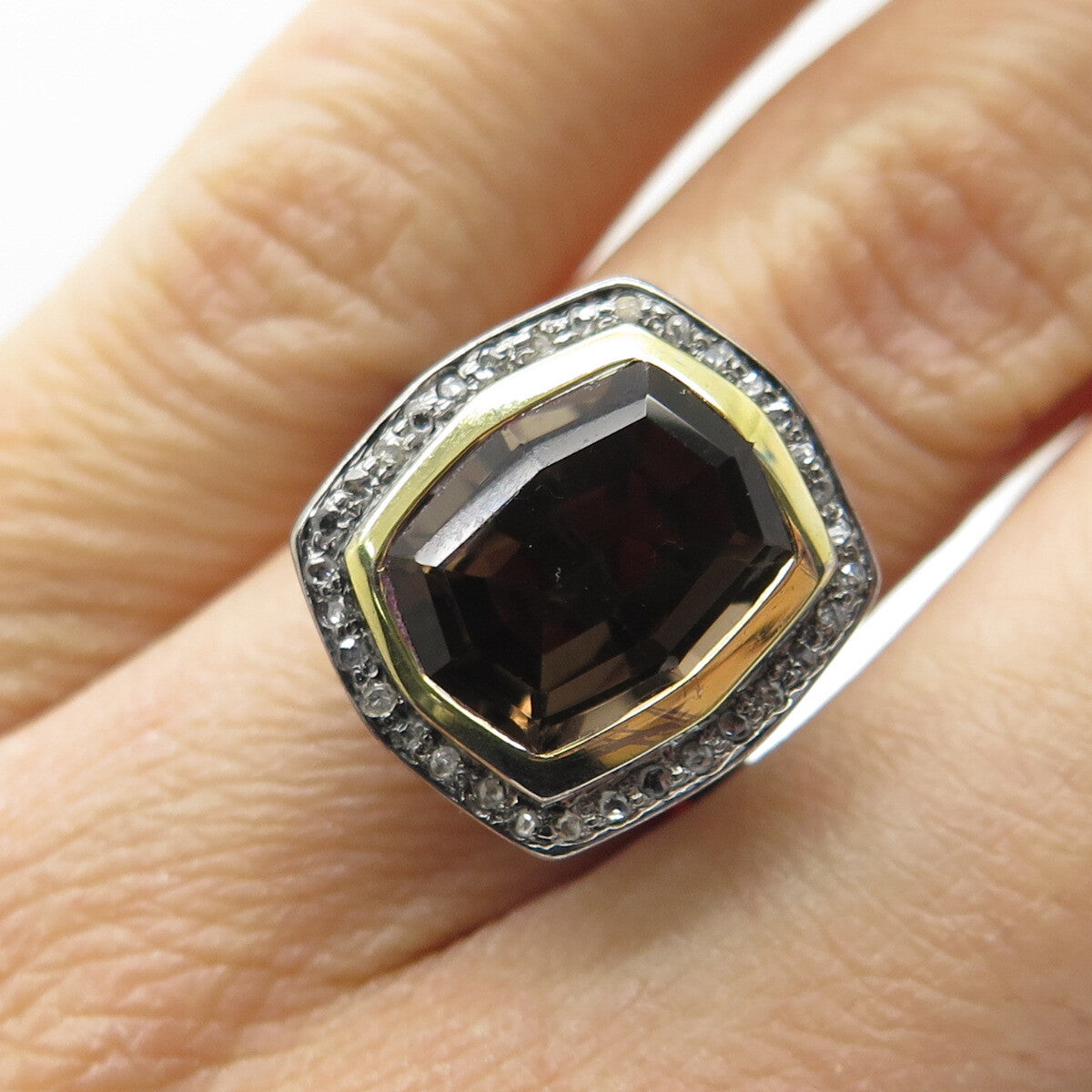 925 Sterling Silver Black Rhodium 2-Tone Diamond & Smoky Quartz Ring Size 5