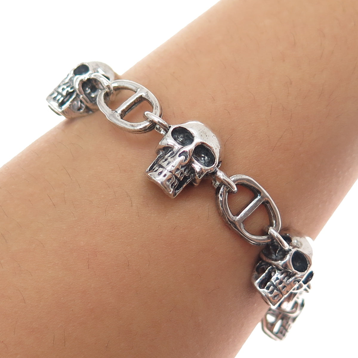 925 Sterling Silver Vintage Skull & Anchor Link Heavy 64.8g Bracelet 7.5"
