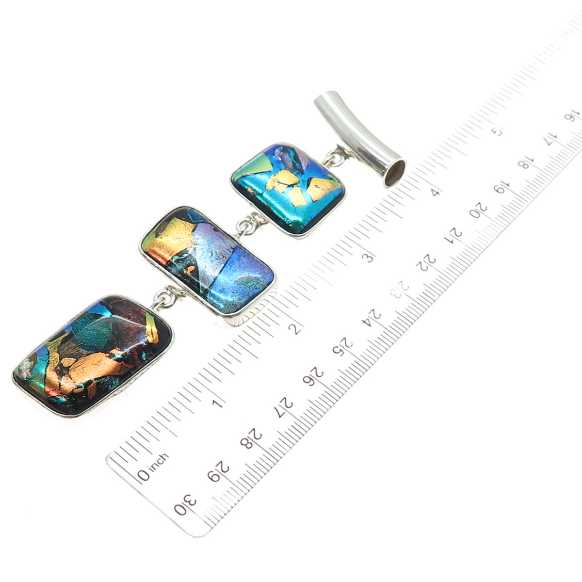 925 Sterling Silver Vintage Dichroic Glass Modernist Drop Slide Pendant