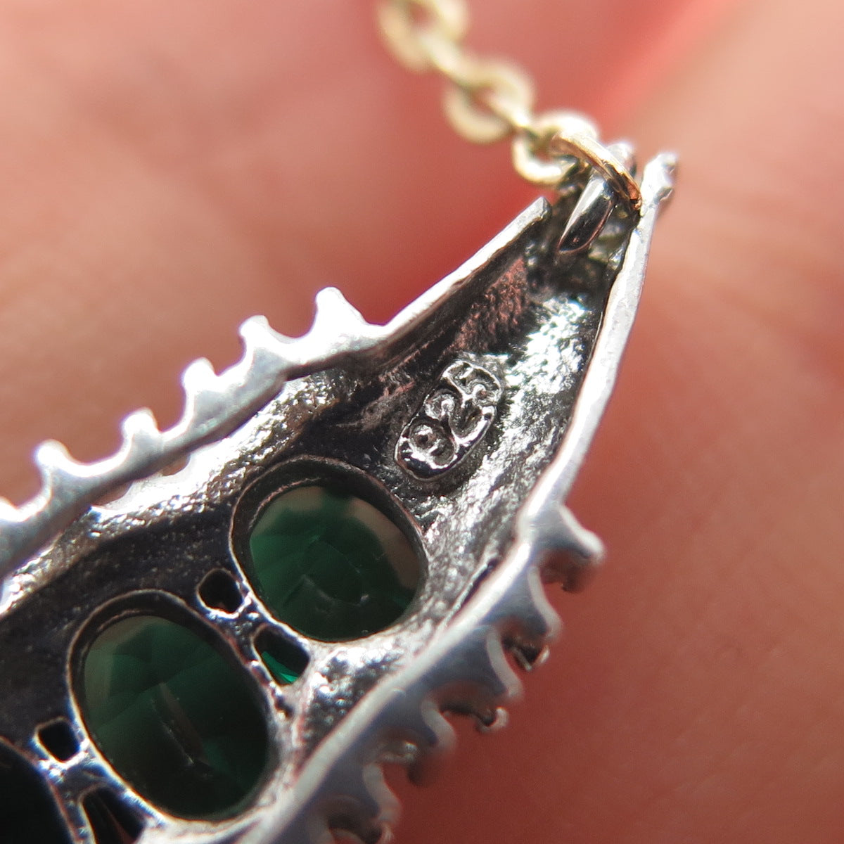 925 Sterling Silver 2-Tone Real Diamond & Chrome Diopside Chain Necklace 18"