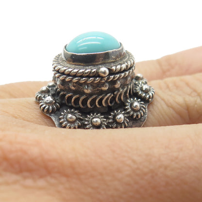 925 Sterling Silver Vintage Mexico Turquoise Cannetille Ring Size 6.5