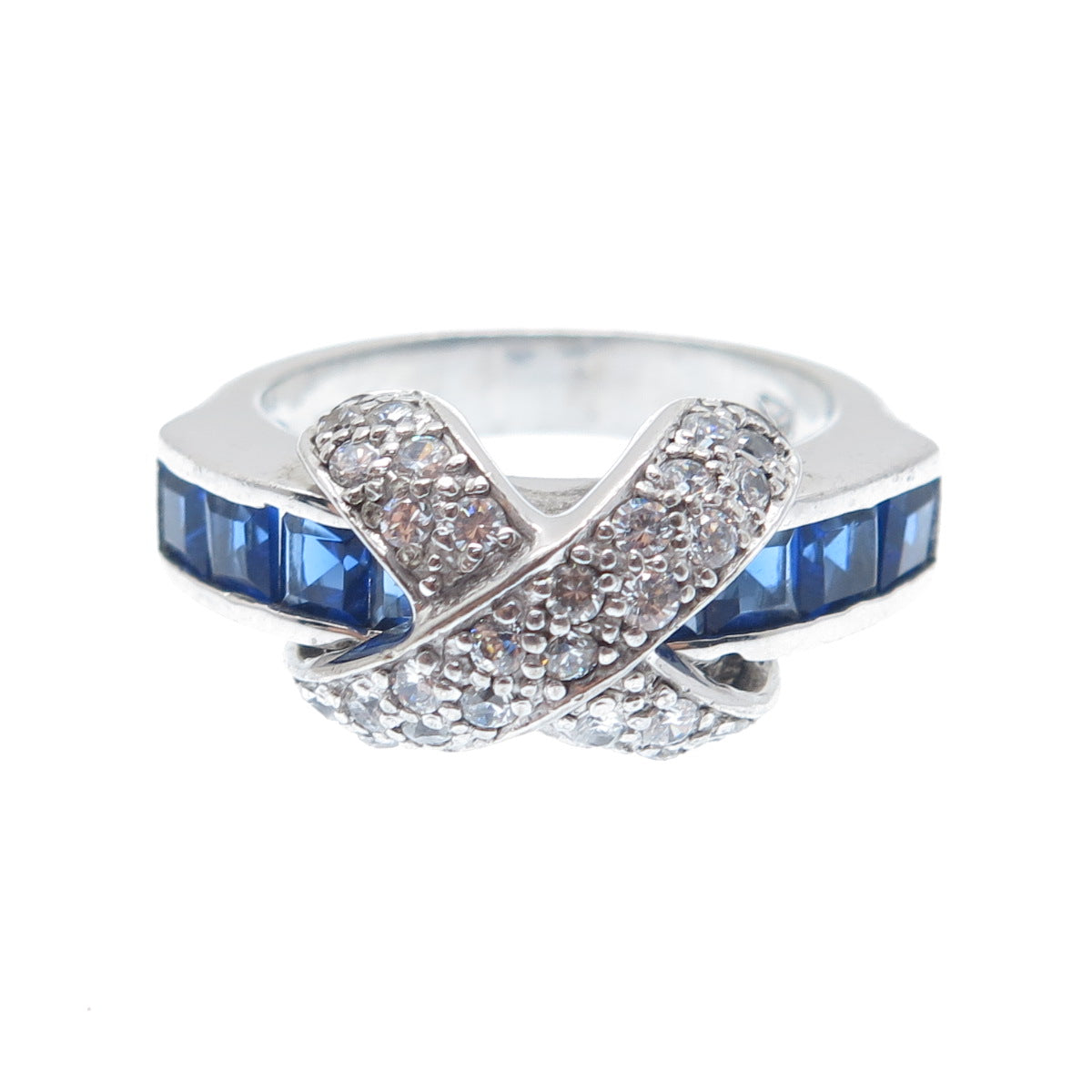 SETA 925 Sterling Silver Blue & White C Z Crisscross Ring Size 7.25