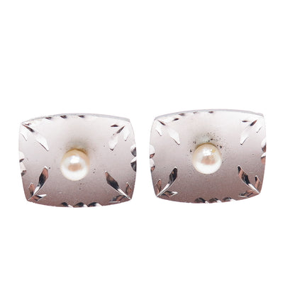 925 Sterling Silver Antique Art Deco Real Akoya Pearl Engraved Cufflinks