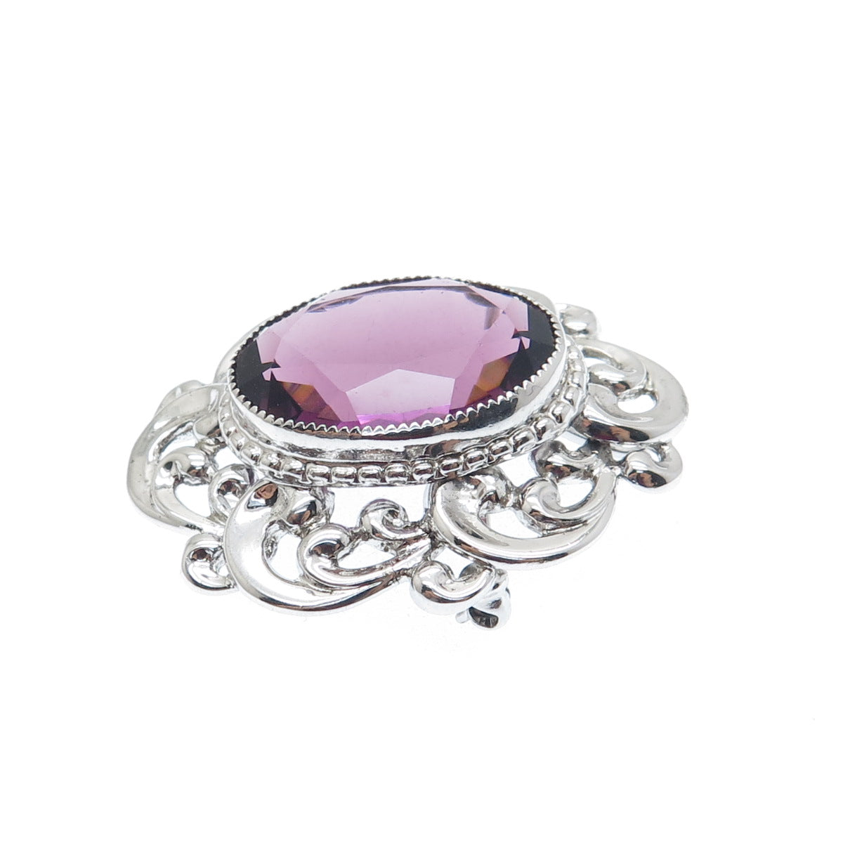 DANECRAFT 925 Sterling Silver Antique Real Amethyst Flower Pin Brooch / Pendant