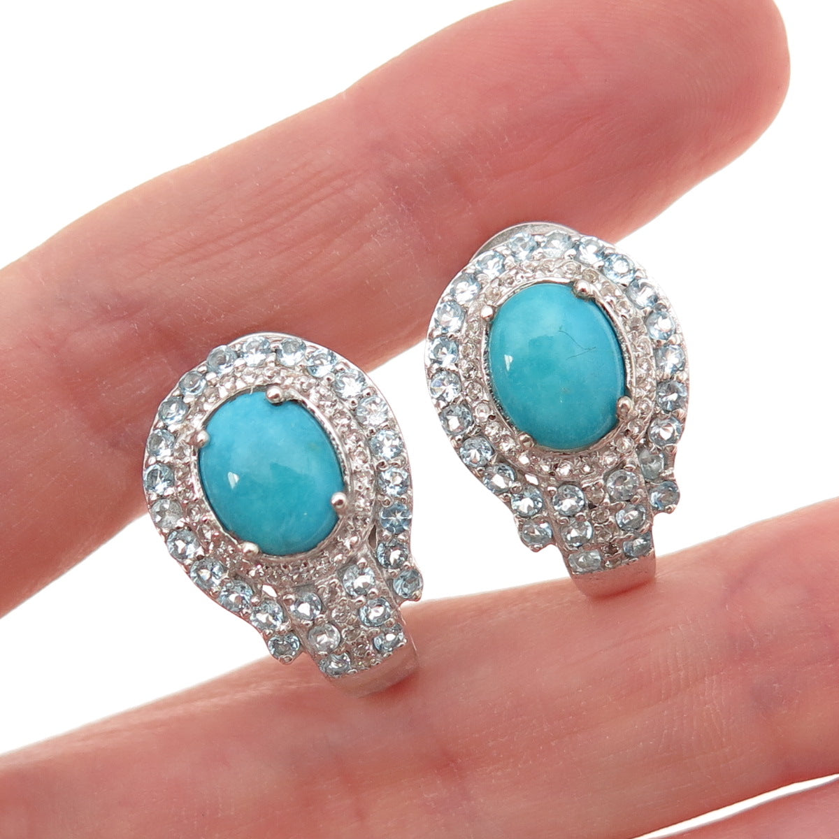 Chuck Clemency 925 Sterling Real Turquoise Blue White Topaz Omega Back Earrings