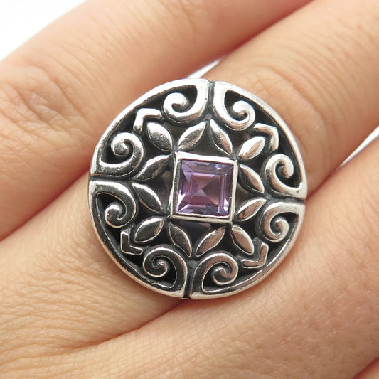 925 Sterling Silver Vintage Real Amethyst Gem Ornate Round Ring Size 5.5