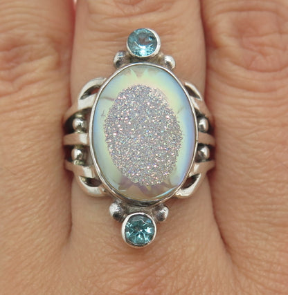 SAJEN 925 Sterling Silver Vintage Druzy Aquamarine Gem Adjustable Ring Size 8.25