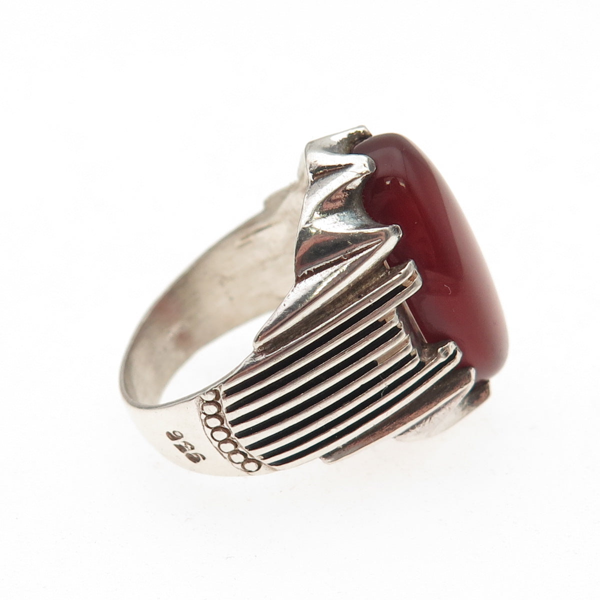 925 Sterling Silver Vintage Real Carnelian Modernist Oxidized Ring Size 9.5