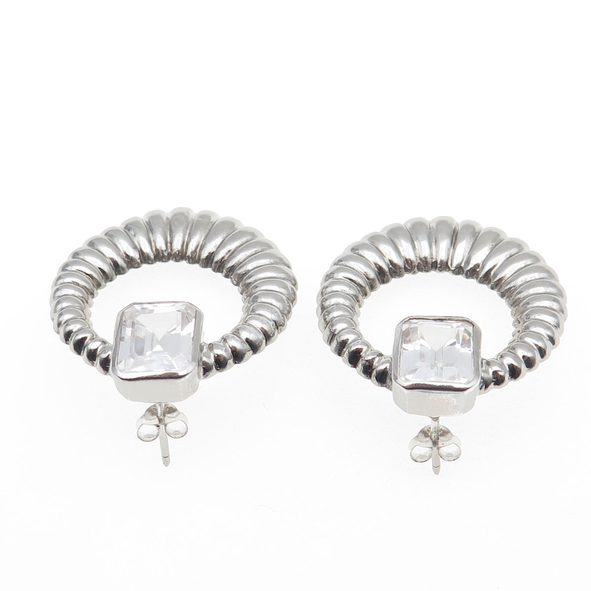 925 Sterling Silver Vintage Emerald-Cut C Z Door Knocker Oxidized Earrings