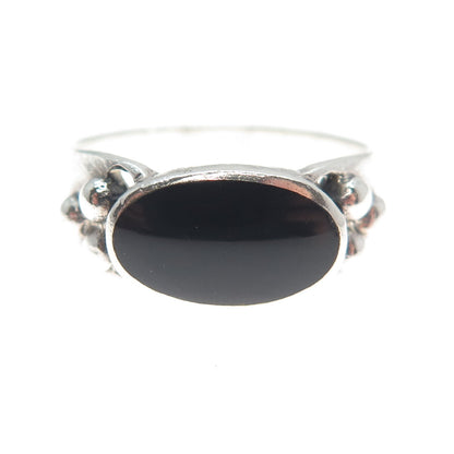 925 Sterling Silver Vintage Real Black Onyx Beaded Ring Size 7.75