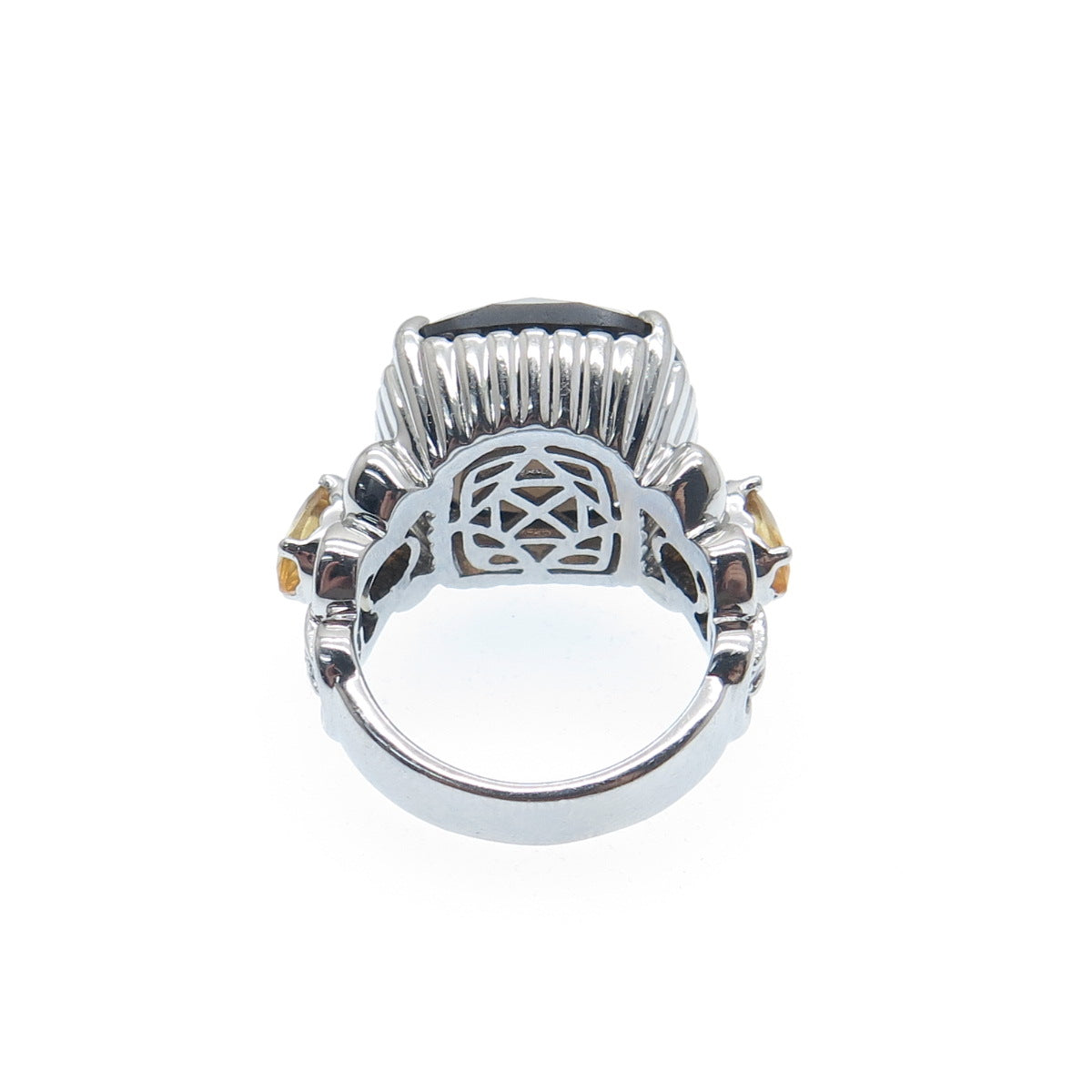 FADI Stainless Steel Real Diamond Smoky Quartz & Citrine Gemstone Ring Size 5.25